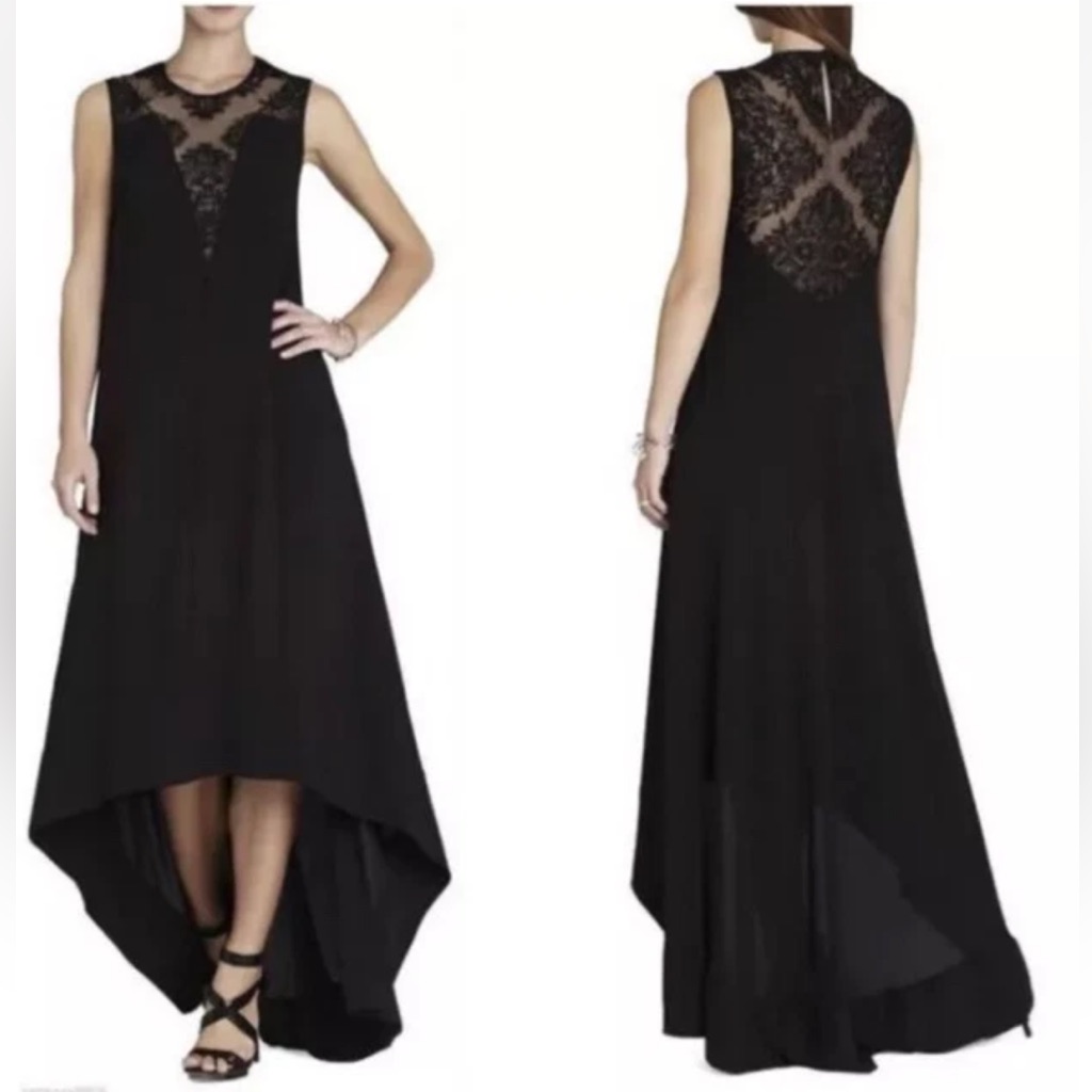 Bcbgmaxazria Denisa Lace Yoke Hi/Low Dress Sz Xs Black